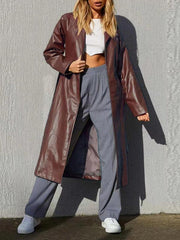 Women's Temperament Casual Windbreaker Jacket Solid Color Long Leather Jacket - 808Lush
