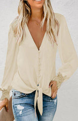 Women's V-Neck Lace Patchwork Solid Color Tie Loose Long Sleeve Chiffon Shirt - 808Lush