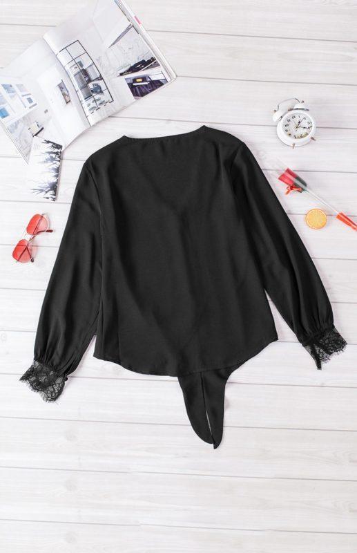 Women's V-Neck Lace Patchwork Solid Color Tie Loose Long Sleeve Chiffon Shirt - 808Lush