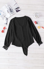 Women's V-Neck Lace Patchwork Solid Color Tie Loose Long Sleeve Chiffon Shirt - 808Lush