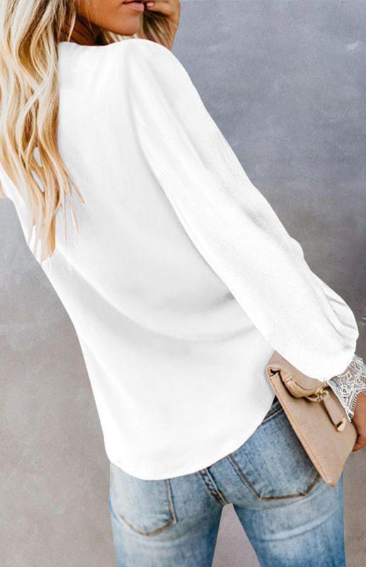 Women's V-Neck Lace Patchwork Solid Color Tie Loose Long Sleeve Chiffon Shirt - 808Lush