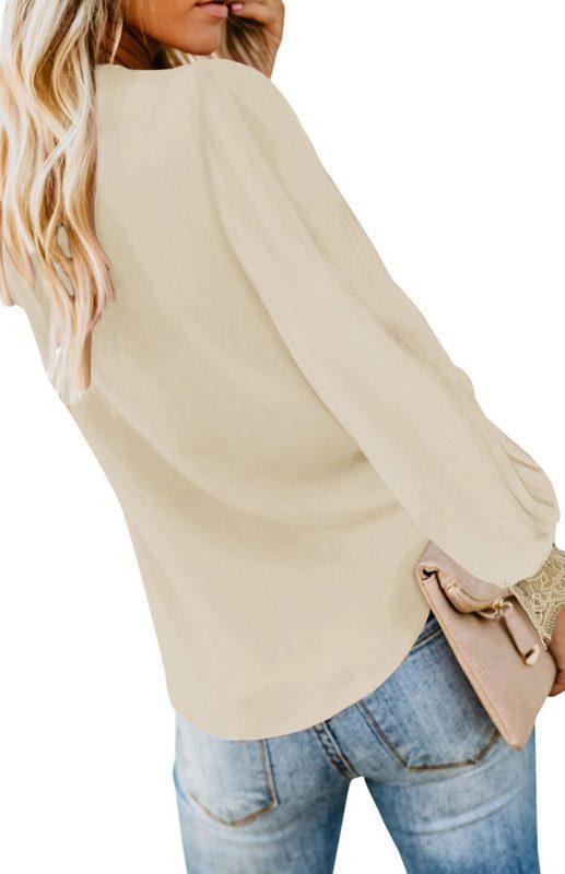 Women's V-Neck Lace Patchwork Solid Color Tie Loose Long Sleeve Chiffon Shirt - 808Lush