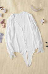 Women's V-Neck Lace Patchwork Solid Color Tie Loose Long Sleeve Chiffon Shirt - 808Lush