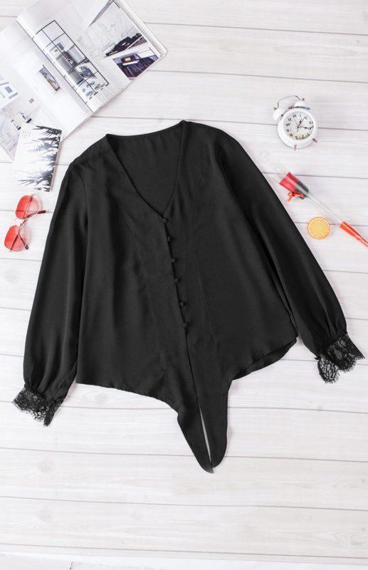 Women's V-Neck Lace Patchwork Solid Color Tie Loose Long Sleeve Chiffon Shirt - 808Lush