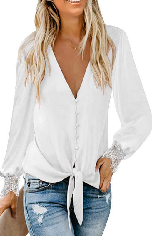 Women's V-Neck Lace Patchwork Solid Color Tie Loose Long Sleeve Chiffon Shirt - 808Lush