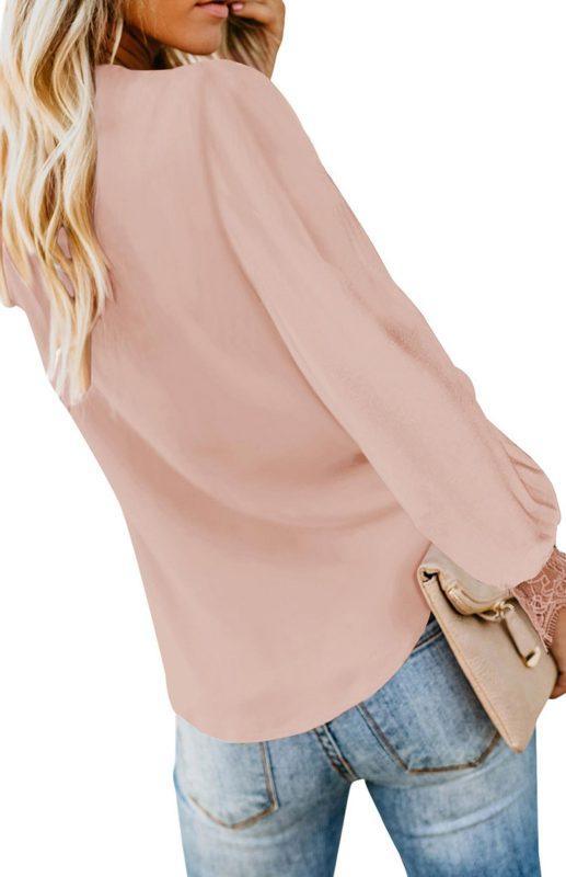 Women's V-Neck Lace Patchwork Solid Color Tie Loose Long Sleeve Chiffon Shirt - 808Lush