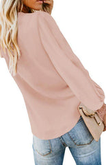 Women's V-Neck Lace Patchwork Solid Color Tie Loose Long Sleeve Chiffon Shirt - 808Lush