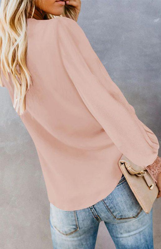 Women's V-Neck Lace Patchwork Solid Color Tie Loose Long Sleeve Chiffon Shirt - 808Lush