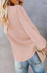 Women's V-Neck Lace Patchwork Solid Color Tie Loose Long Sleeve Chiffon Shirt - 808Lush