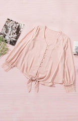 Women's V-Neck Lace Patchwork Solid Color Tie Loose Long Sleeve Chiffon Shirt - 808Lush