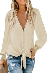 Women's V-Neck Lace Patchwork Solid Color Tie Loose Long Sleeve Chiffon Shirt - 808Lush