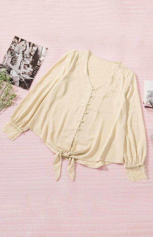 Women's V-Neck Lace Patchwork Solid Color Tie Loose Long Sleeve Chiffon Shirt - 808Lush