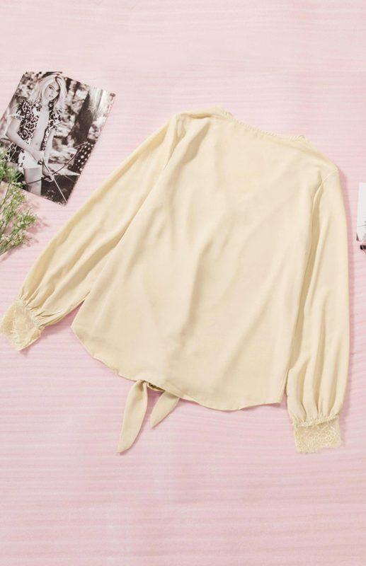 Women's V-Neck Lace Patchwork Solid Color Tie Loose Long Sleeve Chiffon Shirt - 808Lush