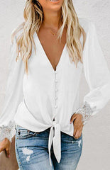 Women's V-Neck Lace Patchwork Solid Color Tie Loose Long Sleeve Chiffon Shirt - 808Lush