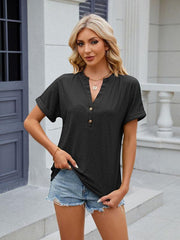 Women's V-neck button circle loose short-sleeved T-shirt - 808Lush