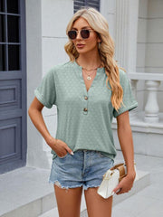 Women's V-neck button circle loose short-sleeved T-shirt - 808Lush