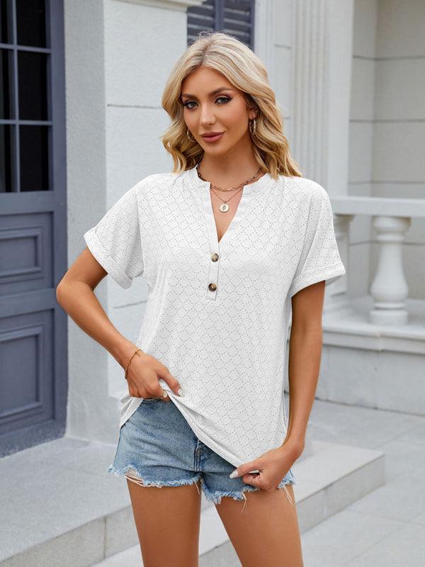 Women's V-neck button circle loose short-sleeved T-shirt - 808Lush