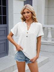 Women's V-neck button circle loose short-sleeved T-shirt - 808Lush