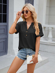 Women's V-neck button circle loose short-sleeved T-shirt - 808Lush