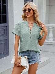 Women's V-neck button circle loose short-sleeved T-shirt - 808Lush
