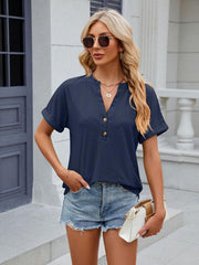 Women's V-neck button circle loose short-sleeved T-shirt - 808Lush