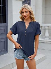 Women's V-neck button circle loose short-sleeved T-shirt - 808Lush