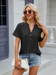 Women's V-neck button circle loose short-sleeved T-shirt - 808Lush