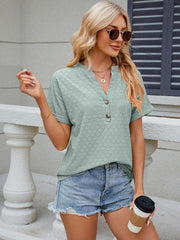 Women's V-neck button circle loose short-sleeved T-shirt - 808Lush