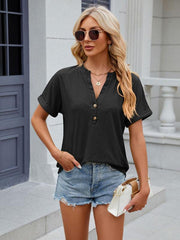 Women's V-neck button circle loose short-sleeved T-shirt - 808Lush