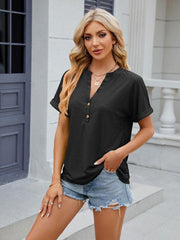 Women's V-neck button circle loose short-sleeved T-shirt - 808Lush