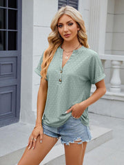 Women's V-neck button circle loose short-sleeved T-shirt - 808Lush