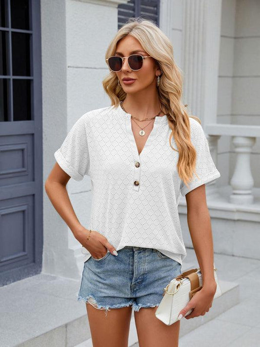 Women's V-neck button circle loose short-sleeved T-shirt - 808Lush