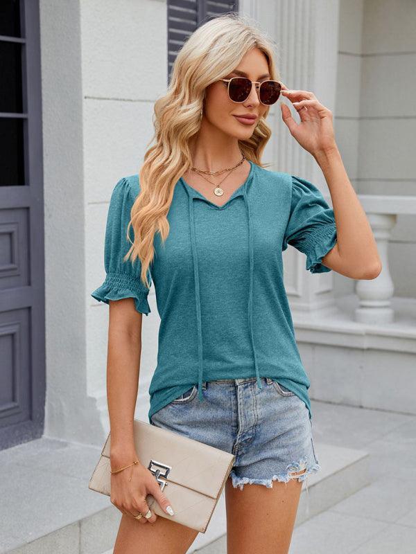 Women's V-neck drawstring pleated short-sleeved loose T-shirt - 808Lush
