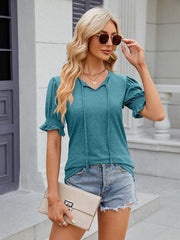 Women's V-neck drawstring pleated short-sleeved loose T-shirt - 808Lush