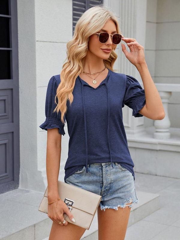 Women's V-neck drawstring pleated short-sleeved loose T-shirt - 808Lush