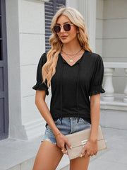 Women's V-neck drawstring pleated short-sleeved loose T-shirt - 808Lush