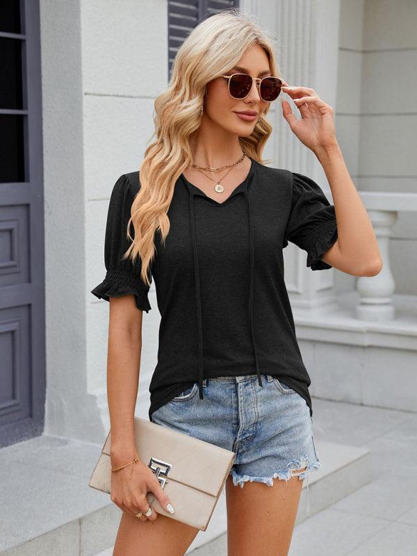 Women's V-neck drawstring pleated short-sleeved loose T-shirt - 808Lush
