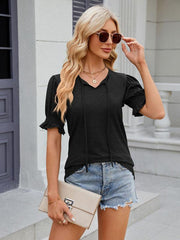 Women's V-neck drawstring pleated short-sleeved loose T-shirt - 808Lush