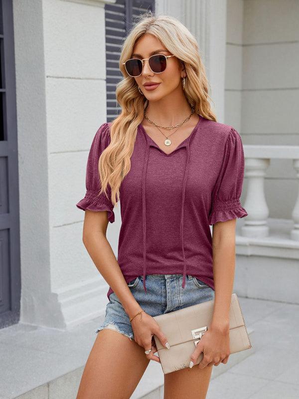 Women's V-neck drawstring pleated short-sleeved loose T-shirt - 808Lush
