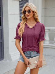 Women's V-neck drawstring pleated short-sleeved loose T-shirt - 808Lush