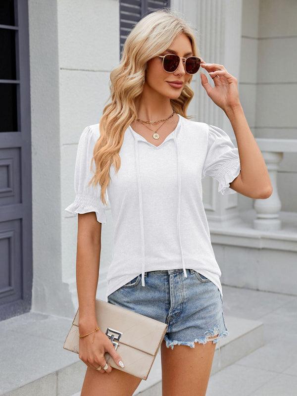 Women's V-neck drawstring pleated short-sleeved loose T-shirt - 808Lush