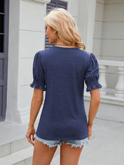 Women's V-neck drawstring pleated short-sleeved loose T-shirt - 808Lush