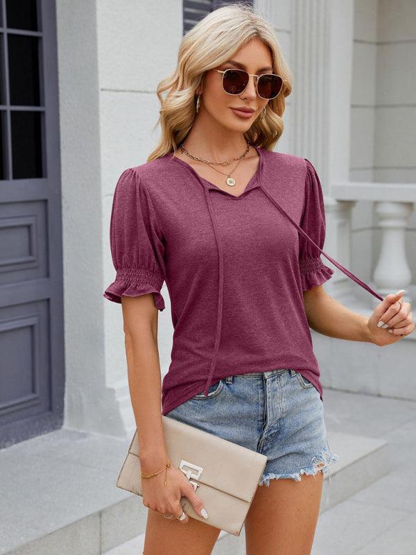 Women's V-neck drawstring pleated short-sleeved loose T-shirt - 808Lush