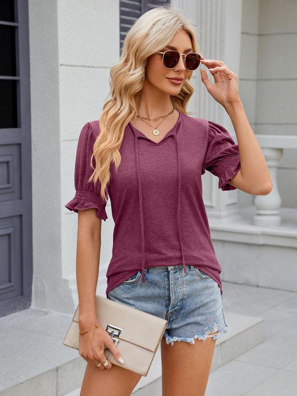 Women's V-neck drawstring pleated short-sleeved loose T-shirt - 808Lush