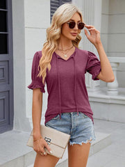 Women's V-neck drawstring pleated short-sleeved loose T-shirt - 808Lush