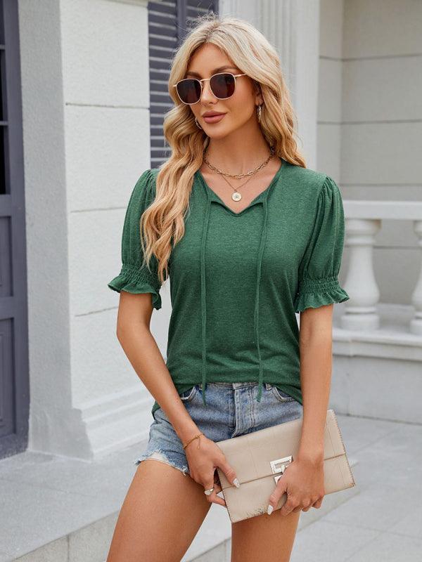 Women's V-neck drawstring pleated short-sleeved loose T-shirt - 808Lush