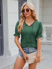 Women's V-neck drawstring pleated short-sleeved loose T-shirt - 808Lush