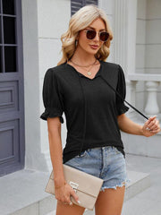 Women's V-neck drawstring pleated short-sleeved loose T-shirt - 808Lush