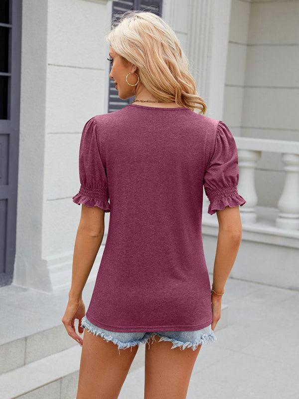 Women's V-neck drawstring pleated short-sleeved loose T-shirt - 808Lush