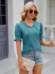Women's V-neck drawstring pleated short-sleeved loose T-shirt - 808Lush